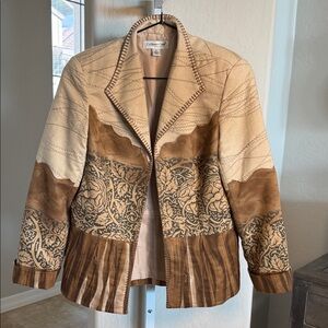 Coldwater Creek Faux Suede Tan and Brown Patchwork Patterned Blazer open front